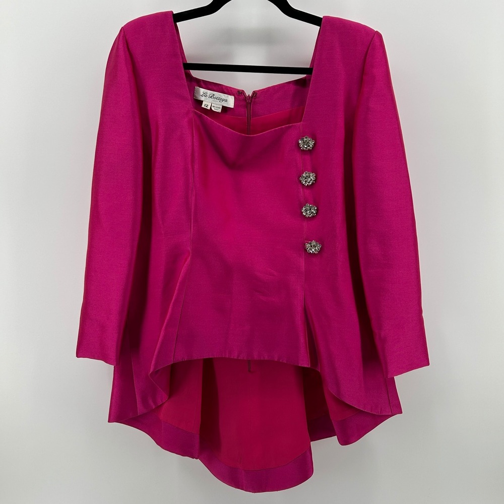 La Bottega Vintage Fuchsia Pink Peplum Blouse Rhinestone 12 Barbiecore Formal